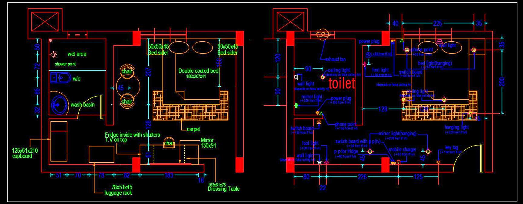 Hotel Guest Room Free CAD Plan- Bedroom, Toilet, Furniture, & Layout